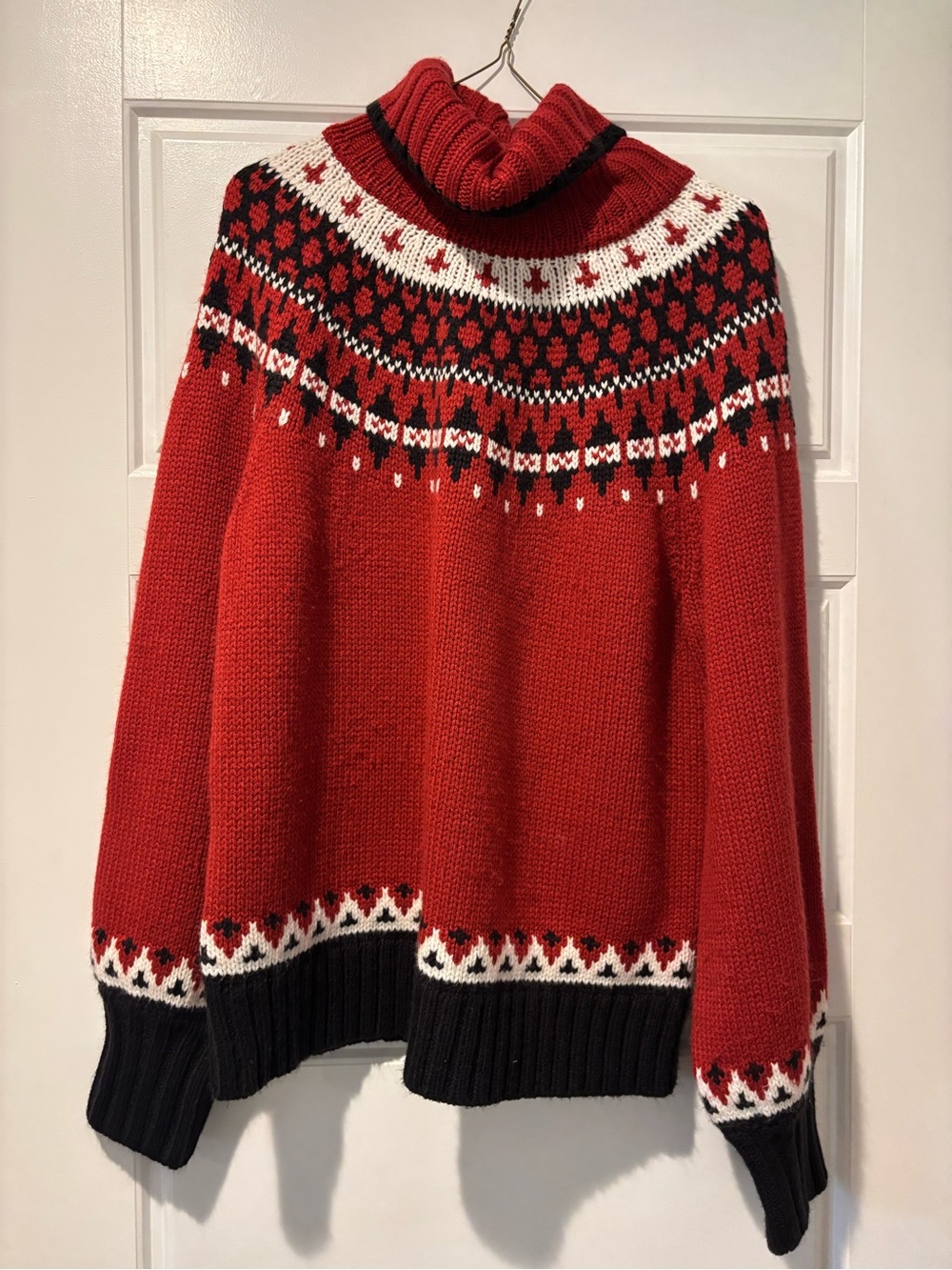 St. John's Bay Red Fair Isle Turtleneck Sweater with Black & White Accents